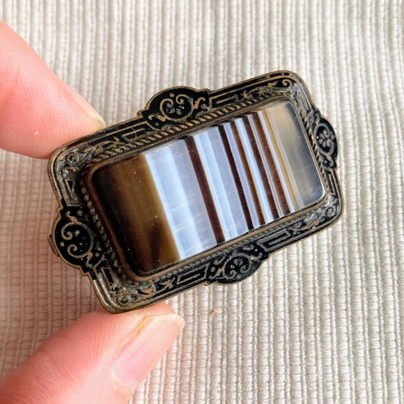 Antique Jewelry - Antique Victorian Biedermeier Brooch with Striped Agate and Meander Pattern